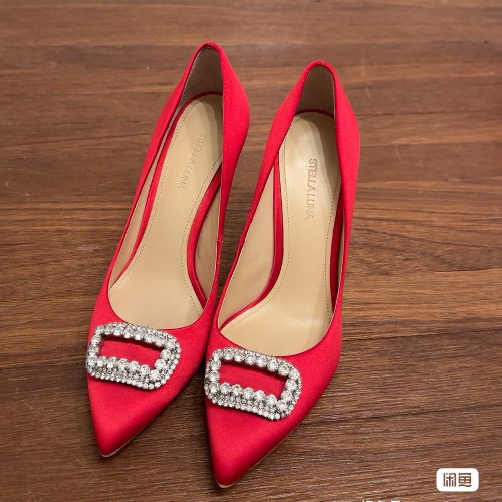 Women Red Satin Pointed Toe Rhinestone Buckle Heels Wedding Party 37